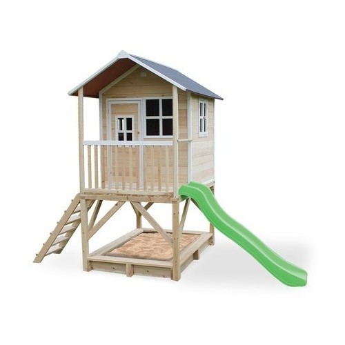 Medinis vaikų žaidimų namelis su terasa, smėlio dėže ir čiuožykle Exit Loft 500 Natural