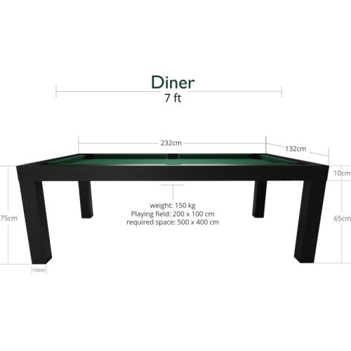 Бильярдный / обеденный стол Diner, 7 футов, матовый чёрный, жёлто-зелёное сукно