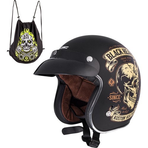 Motorcycle Helmet W-TEC Kustom Black Heart - Skull Horn, Matte Black