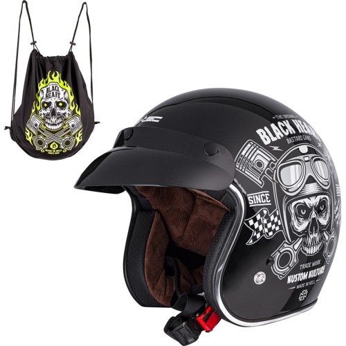 Motorcycle Helmet W-TEC Kustom Black Heart - Skull, Glossy Black