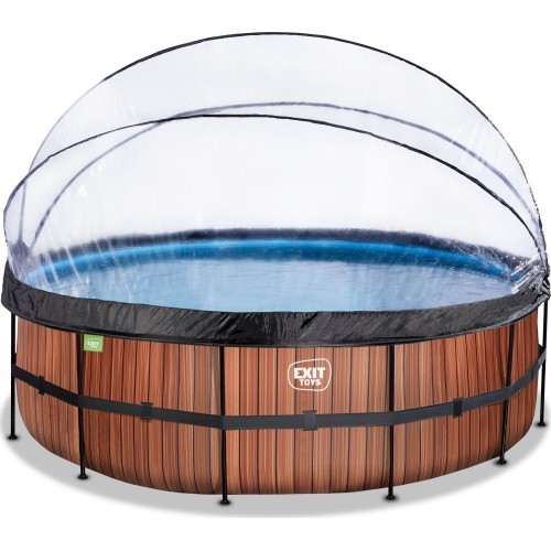 EXIT Wood pool ø450x122cm with dome and sand filter and heat pump - brown