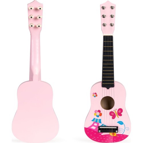 Деревянная детская гитара металлические струны кубик-розовый