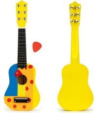 Vaikiška medinė gitara su metalinėmis stygomis ir geltonu kirtikliu ECOTOYS