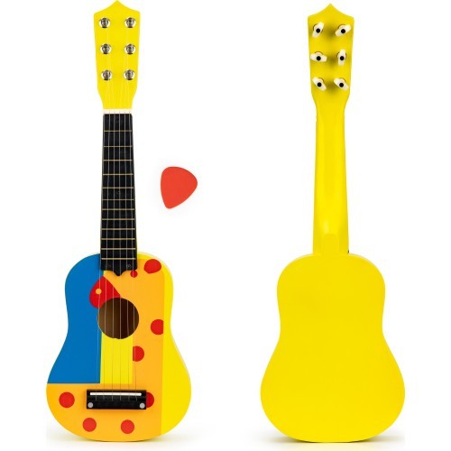 Детская деревянная гитара с металлическими струнами и желтым медиато