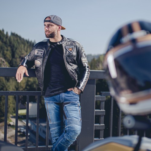 Vyriška odinė motociklininko striukė W-TEC Black Cracker - Juoda