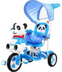 Triratis vaikiškas dviratis „Panda“, mėlynas, su garsais, stogeliu, apsauga, kojų atrama, rankena ir krepšiu