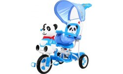 Трёхколёсный детский велосипед «Panda», синий, со звуками, крышей, барьером, подножкой, ручкой и корзиной
