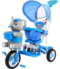 3-wheeled Blue Elephant Children's Bike + Sounds + Roof + Barrier + Footrest + Handle + Storage
