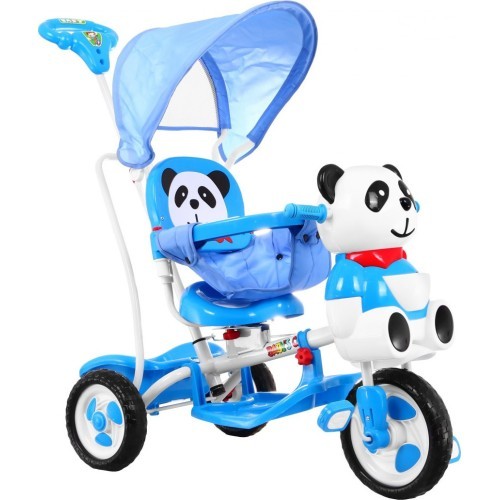 Трёхколёсный детский велосипед «Panda», синий, со звуками, крышей, барьером, подножкой, ручкой и корзиной