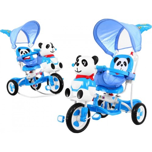 3-wheeled Panda Blue Children's Bike + Sounds + Roof + Barrier + Footrest + Handle + Storage