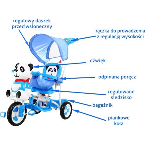 3-wheeled Panda Blue Children's Bike + Sounds + Roof + Barrier + Footrest + Handle + Storage