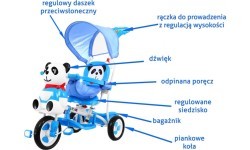 Triratis vaikiškas dviratis „Panda“, mėlynas, su garsais, stogeliu, apsauga, kojų atrama, rankena ir krepšiu