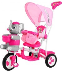 Трёхколёсный детский велосипед Elephant Pink + звуки + крыша + барьер + подножка + ручка + корзина