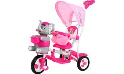 Трёхколёсный детский велосипед Elephant Pink + звуки + крыша + барьер + подножка + ручка + корзина