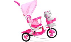 Triratis vaikiškas dviratis Elephant Pink + garsai + stogelis + barjeras + kojų atrama + rankena + krepšys