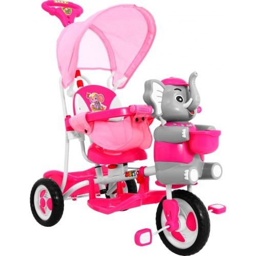 Triratis vaikiškas dviratis Elephant Pink + garsai + stogelis + barjeras + kojų atrama + rankena + krepšys