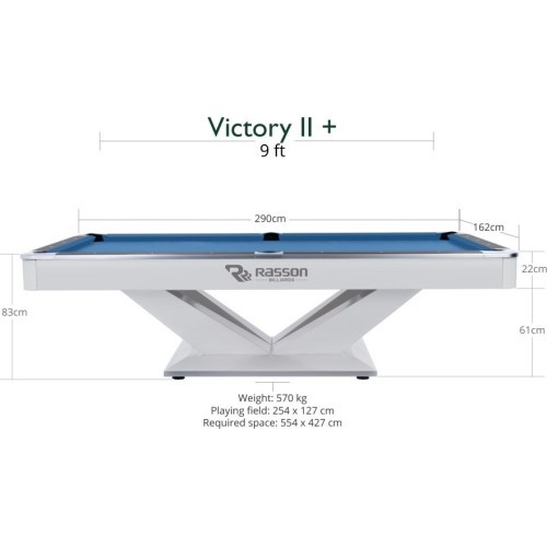 Бильярдный стол Rasson Victory II Plus, Pool, белый, 9 ft, Simonis 760 сине-зелёный