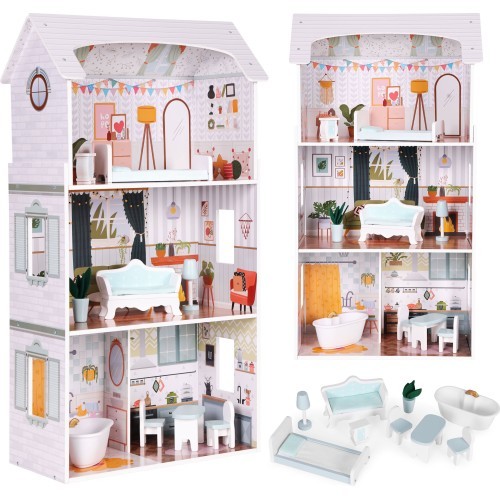 Lėlių namas Alice ECOTOYS, 3 aukštai, 4 kambariai, 9 baldų komplektas