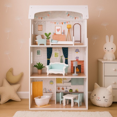 Кукольный домик Alice ECOTOYS, 3 этажа, 4 комнаты, набор из 9 предметов мебели