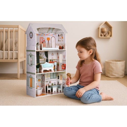 Lėlių namas Alice ECOTOYS, 3 aukštai, 4 kambariai, 9 baldų komplektas