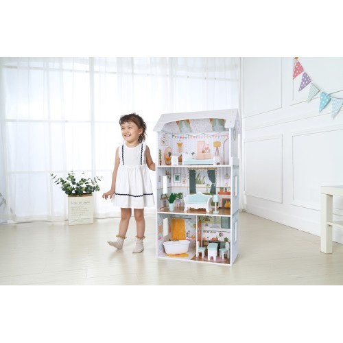 Кукольный домик Alice ECOTOYS, 3 этажа, 4 комнаты, набор из 9 предметов мебели