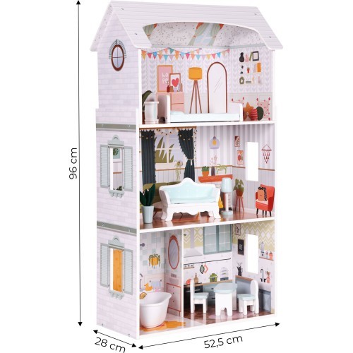 Кукольный домик Alice ECOTOYS, 3 этажа, 4 комнаты, набор из 9 предметов мебели