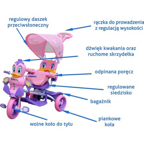 3-wheeled Purple Duck Kids Bike + Sounds + Roof + Barrier + Footrest + Handle + Storage