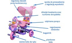 Трёхколёсный детский велосипед Фиолетовая утка + звуки + крыша + барьер + подставка для ног + ручка + корзина
