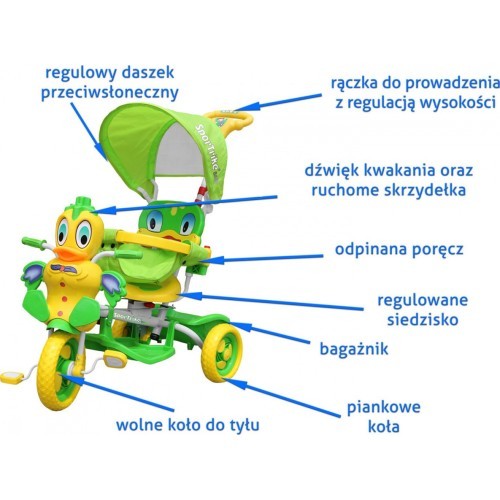 Trračatis vaikiškas dviratis, žalias, su garsais, stogeliu, barjeru, atrama kojoms, rankena ir dėtuve
