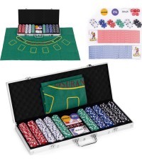 Blackjack pokerio rinkinys, 500 žetonų, 2 kortų kaladės, kauliukai, žaidimo kilimėlis, užrakinamas dėklas