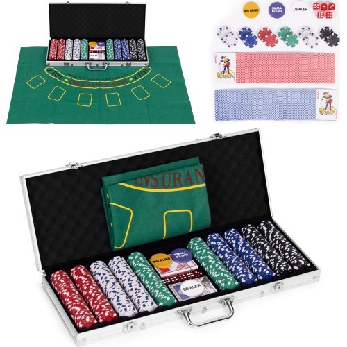 Blackjack pokerio rinkinys, 500 žetonų, 2 kortų kaladės, kauliukai, žaidimo kilimėlis, užrakinamas dėklas