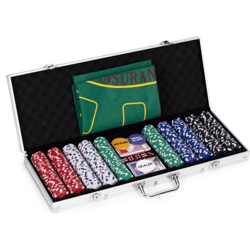 Blackjack pokerio rinkinys, 500 žetonų, 2 kortų kaladės, kauliukai, žaidimo kilimėlis, užrakinamas dėklas