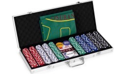 Blackjack pokerio rinkinys, 500 žetonų, 2 kortų kaladės, kauliukai, žaidimo kilimėlis, užrakinamas dėklas