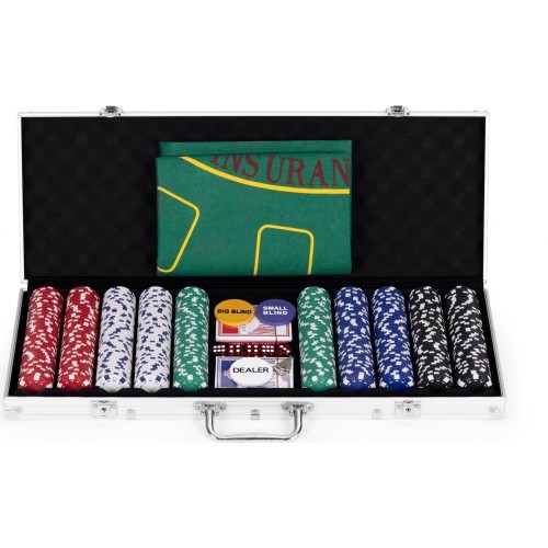 Набор для покера Blackjack, 500 фишек, 2 колоды карт, кости, игровой коврик, запирающийся кейс