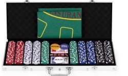 Blackjack pokerio rinkinys, 500 žetonų, 2 kortų kaladės, kauliukai, žaidimo kilimėlis, užrakinamas dėklas