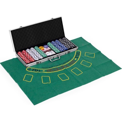 Blackjack pokerio rinkinys, 500 žetonų, 2 kortų kaladės, kauliukai, žaidimo kilimėlis, užrakinamas dėklas
