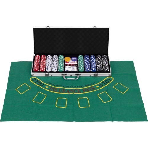 Набор для покера Blackjack, 500 фишек, 2 колоды карт, кости, игровой коврик, запирающийся кейс