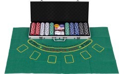 Blackjack pokerio rinkinys, 500 žetonų, 2 kortų kaladės, kauliukai, žaidimo kilimėlis, užrakinamas dėklas