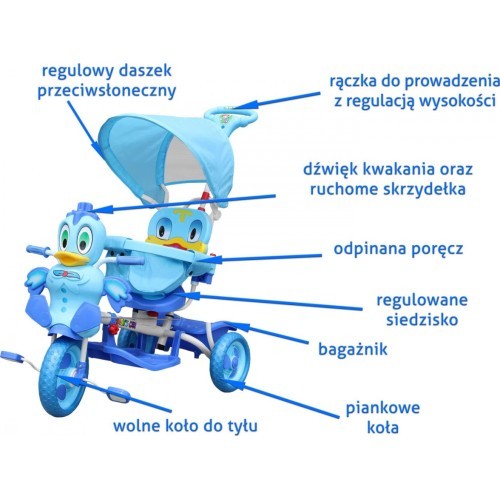 Vaikiškas triratis Duck, mėlynas, su garsais, stogeliu, apsaugine juosta, atrama kojoms, rankena ir daiktadėže