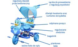 Детский трёхколёсный велосипед Duck, синий, со звуками, крышей, барьером, подставкой для ног, ручкой и отсеком для хранения