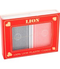 Pokerio kortos Lion 100% plastikinės, dvigubos raudonos/mėlynos