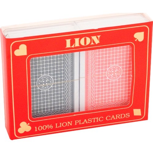 Pokerio kortos Lion 100% plastikinės, dvigubos raudonos/mėlynos