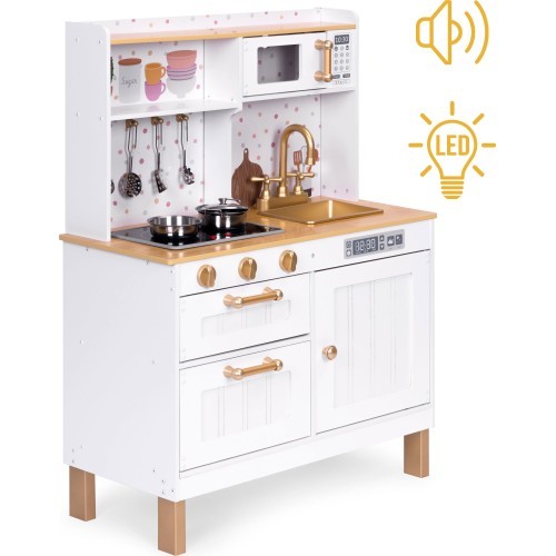 Children's kitchen with sounds and LED wooden large openable cabinets 7 accessories ECOTOYS