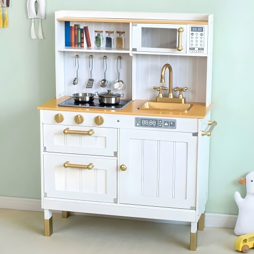 Children's kitchen with sounds and LED wooden large openable cabinets 7 accessories ECOTOYS