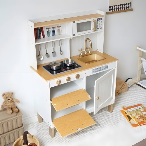 Vaikiška virtuvėlė su garsais ir LED, medinės atidaromos spintelės, 7 priedai ECOTOYS