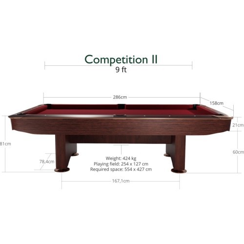 Biliardo stalas Pool Competition II, 9 ft, raudonmedis, Club Cloth geltonai žalias