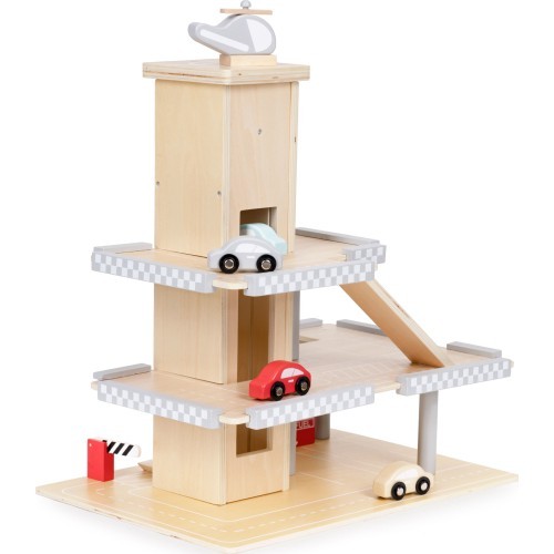 Large wooden track garage parking with elevator + cars ECOTOYS