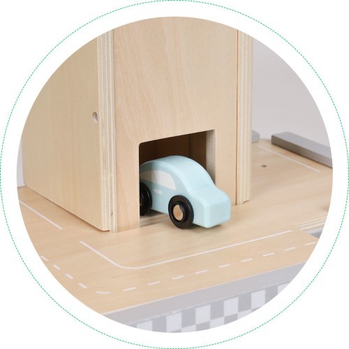 Large wooden track garage parking with elevator + cars ECOTOYS