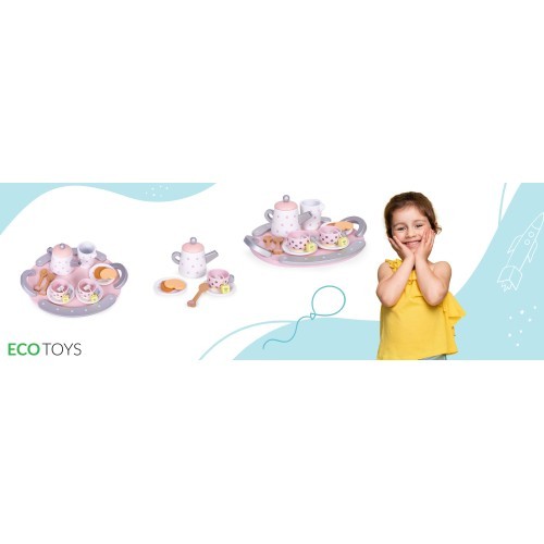Wooden tea cup kettle set 15 items ECOTOYS