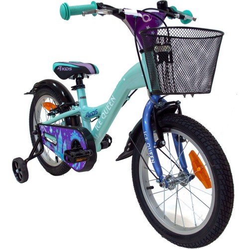 4KIDS Ice Queen 16" children's bike, 1G, size 10" (25.5 cm), V-Brake and coaster brakes, aluminium (light blue)